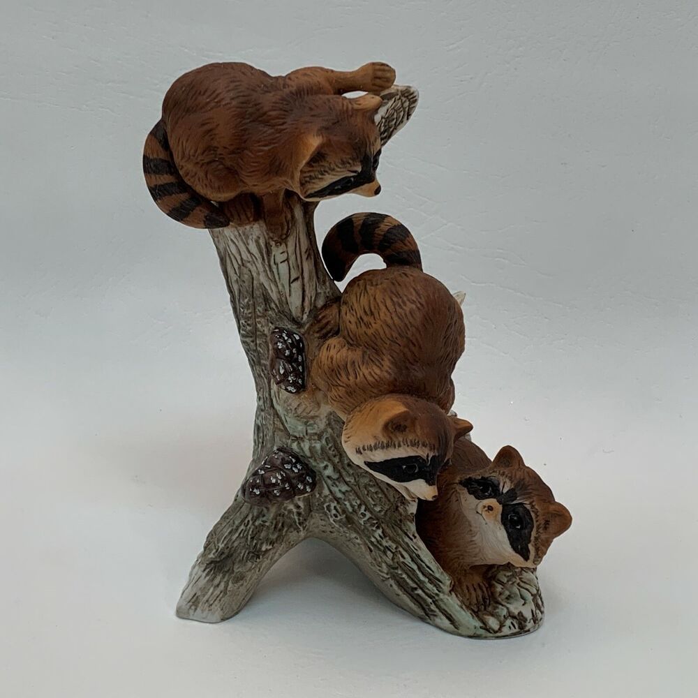 Vintage Masterpiece Porcelain Homco Raccoons on Trunk 7 3/4" high